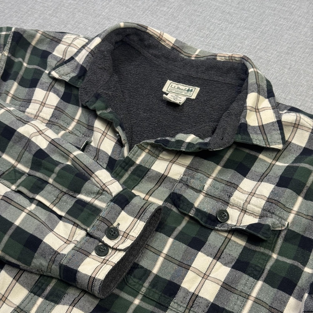 L.L. Bean Fleece Lined Flannel Button Shirt Mens 2XLT Green Plaid Long Sleeve